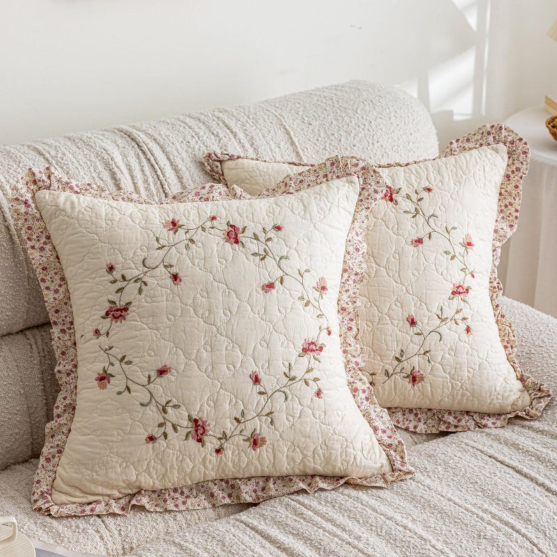 vctops Set of 2 Cotton Quilted Embroidered Decorative Square Throw Pillow Covers with Ruffles Floral Soft Cushion Case for Couch Sofa Bed Flower A18x18 - Image 2