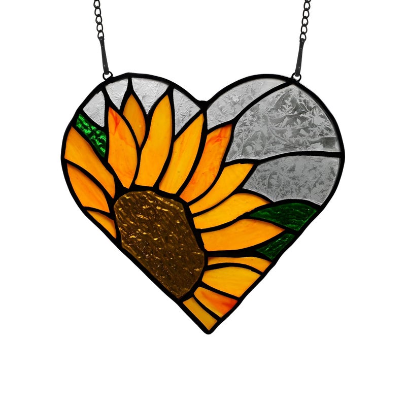 BOXCASA Sunflower Stained Glass Window HangingsSunflower Stained Glass SuncatcherHeart Shape Sunflower Best Teacher Gifts for Women BirthdaySunflower Decoration for Home Indoor Window