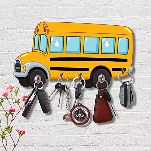Webelkart Premium HD UV Printed Bus Shaped Keys Wooden Key Holder (12 Inch x 6.50 Inch, Wood, Multicolor)- 5 Hooks - Image 1
