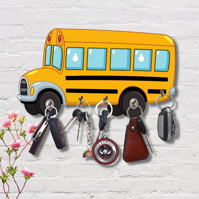 Webelkart Premium HD UV Printed Bus Shaped Keys Wooden Key Holder (12 Inch x 6.50 Inch, Wood, Multicolor)- 5 Hooks - Image 5