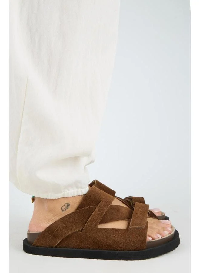 Elifi Women's Real Leather Strap Hook-and-Loop Taba Slippers.