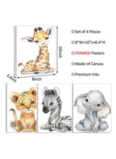 Kiddale Safari Animals Nursery Decorpack Of 4;8"X10"Framed Watercolor Jungle Baby Animals Bedroom Wall Arttropical Animal Canvas Print Posters For Living Room Boys Girls Bedroom Nursery Decorations  - Image 3