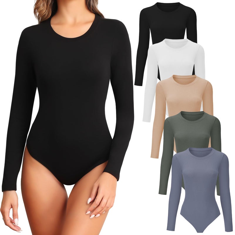 TVKSOM 4/5 Pack Long Sleeve Bodysuit for Women Round Neck Soft Breathable Casual Basic Stretchy Body Suits Tops - Image 1