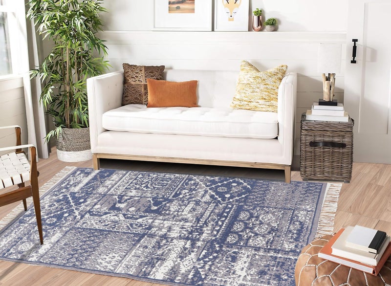 Villedomo Reversible 4X6 Feet Rugs In Potpourri Blue Stylish,Washable Area Rectangular Rugs With Anti-Skid Mat-Ideal For Living Room,Bedroom,And More! - Image 1