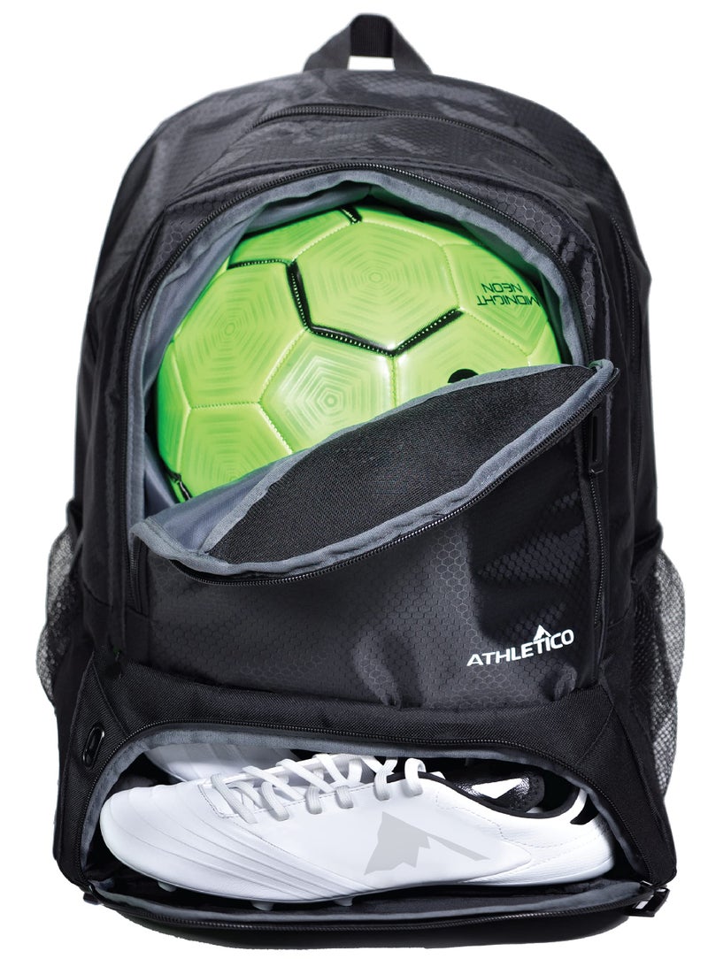 Athletico حقيبة كرة القدم للشباب من أثليتيكو - حقيبة ظهر لكرة القدم وحقائب لكرة السلة، الكرة الطائرة وكرة القدم | تشمل قسم منفصل للأحذية والكرة (أسود) - Image 1