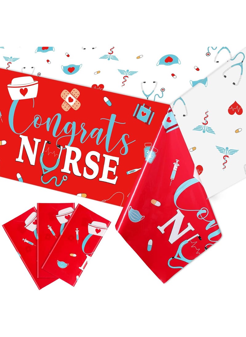 Moukeren Moukeren 3 Pieces Nurse Graduation Tablecloth Plastic Congrats Table Covers Red White Nurse Grad Table Cloth for Graduation Party Decor Supplies 54 x 108 Inch  - Image 1