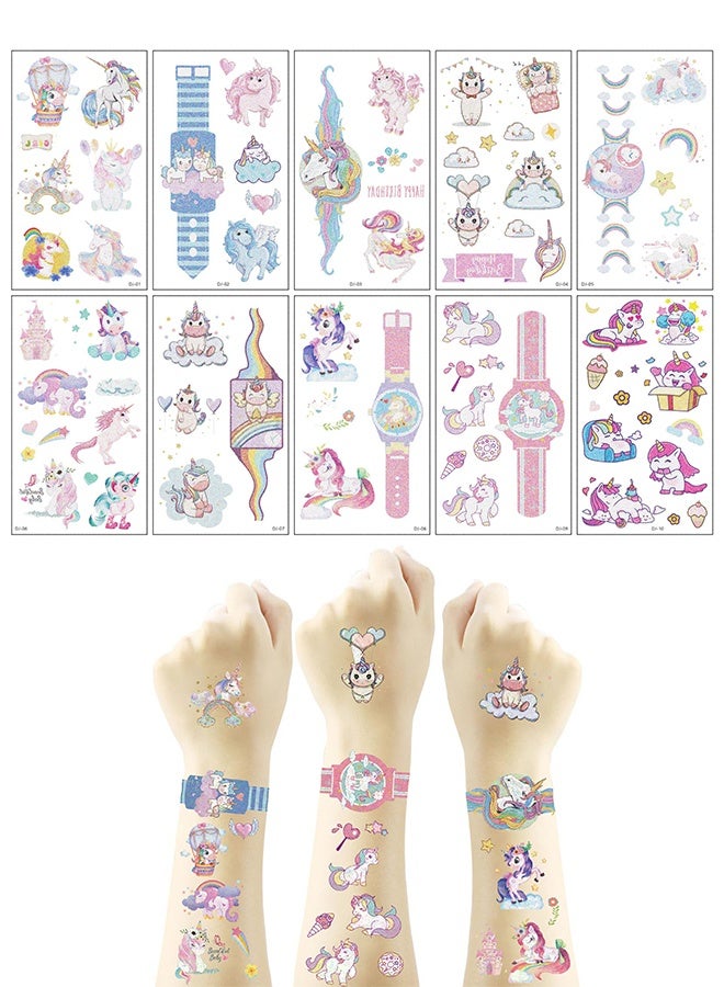Lemon 10 Sheets  Unicorn Glitter Tattoos Kids,  Temporary Princess Mermaid Tattoos for Kids Girls Unicorn Tattoos Temporary Party Decorations Supplies Favors - Image 1
