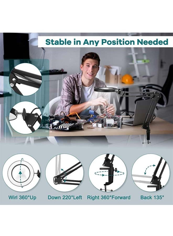 L&E 2-in-1 Magnifying Glass with Light and Stand, 10X Real Glass Desk Lamp with Clamp, Adjustable Swing Arm LED Lighted Magnifier with 3 Color Modes Light for Reading Crafts Works  - Image 5