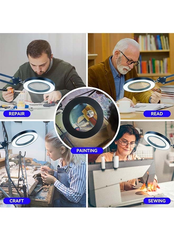 2-in-1 Magnifying Glass with Light and Stand, 10X Real Glass Desk Lamp with Clamp, Adjustable Swing Arm LED Lighted Magnifier with 3 Color Modes Light for Reading Crafts Works