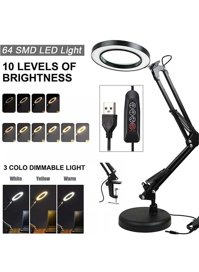 L&E 2-in-1 Magnifying Glass with Light and Stand, 10X Real Glass Desk Lamp with Clamp, Adjustable Swing Arm LED Lighted Magnifier with 3 Color Modes Light for Reading Crafts Works  - Image 2