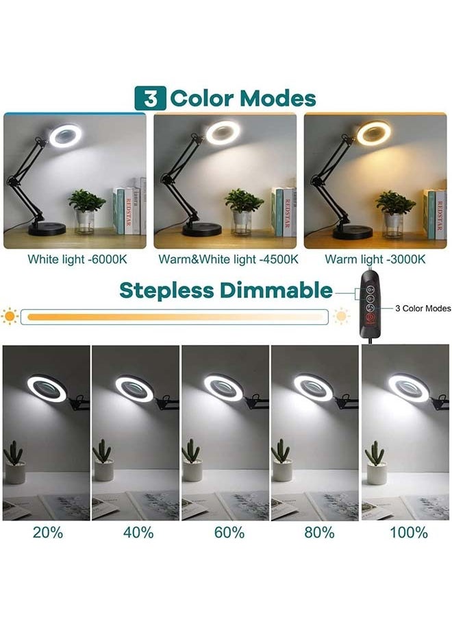 L&E 2-in-1 Magnifying Glass with Light and Stand, 10X Real Glass Desk Lamp with Clamp, Adjustable Swing Arm LED Lighted Magnifier with 3 Color Modes Light for Reading Crafts Works  - Image 3