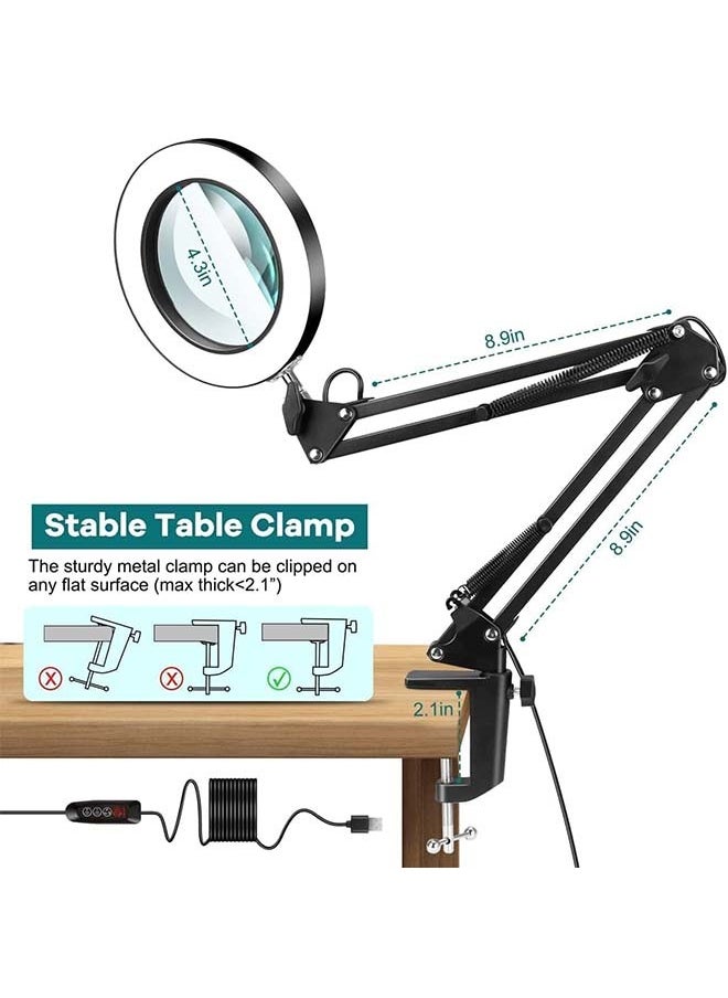 2-in-1 Magnifying Glass with Light and Stand, 10X Real Glass Desk Lamp with Clamp, Adjustable Swing Arm LED Lighted Magnifier with 3 Color Modes Light for Reading Crafts Works