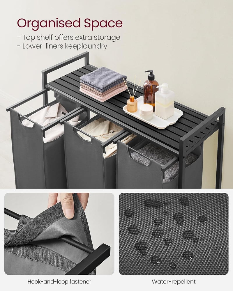 VASAGLE Laundry Hamper, Laundry Basket, Laundry Sorter with 3 Pull-Out and Removable Bags, Shelf, Metal Frame, 3 x 10.6 Gallons (40 L), 36.4 x 13 x 28.4 Inches, Slate Gray and Charcoal Gray UBLH301G01 - Image 4