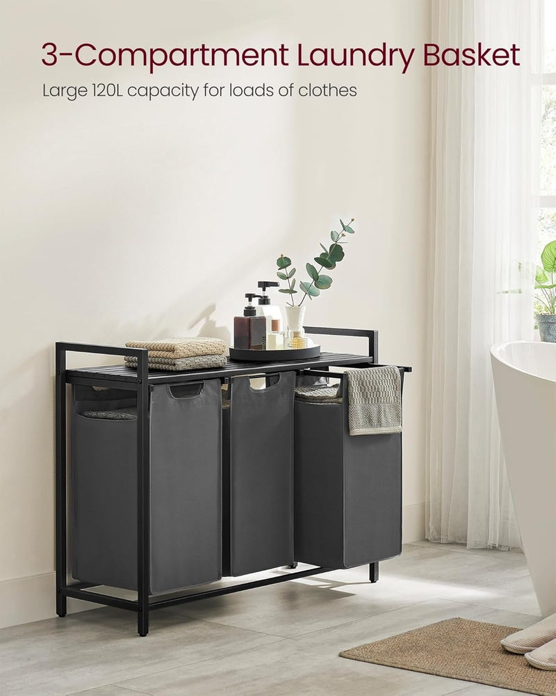 VASAGLE Laundry Hamper, Laundry Basket, Laundry Sorter with 3 Pull-Out and Removable Bags, Shelf, Metal Frame, 3 x 10.6 Gallons (40 L), 36.4 x 13 x 28.4 Inches, Slate Gray and Charcoal Gray UBLH301G01 - Image 3