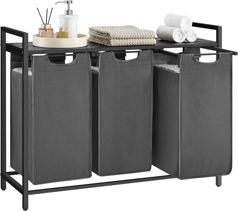 VASAGLE Laundry Hamper, Laundry Basket, Laundry Sorter with 3 Pull-Out and Removable Bags, Shelf, Metal Frame, 3 x 10.6 Gallons (40 L), 36.4 x 13 x 28.4 Inches, Slate Gray and Charcoal Gray UBLH301G01 - Image 1