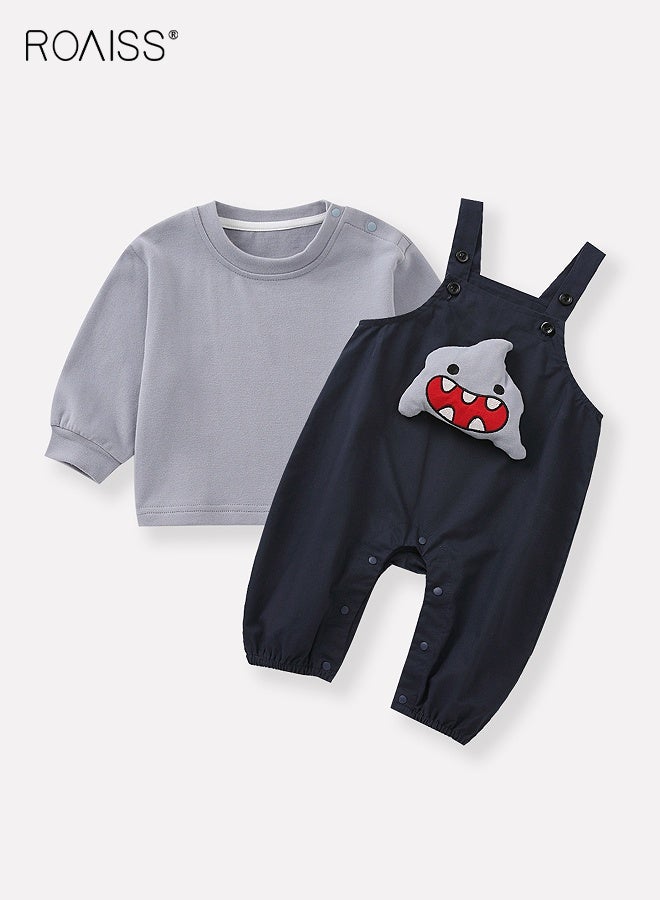 roaiss Baby Boys Sweatshirt and Overalls Set, Stylish Spring and Autumn Outfit with Long Sleeve Top and Shark Suspender Trousers, 2 Piece Comortable Clothing Set for Baby Boys - Image 1