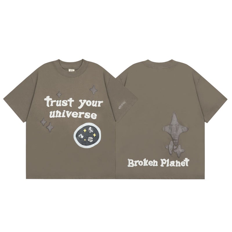 Cross-Border Export Broken Planet Foam Printed Round Neck Short-Sleeved Trendy T-Shirt for Men and Women High Street Loose Delivery Brown