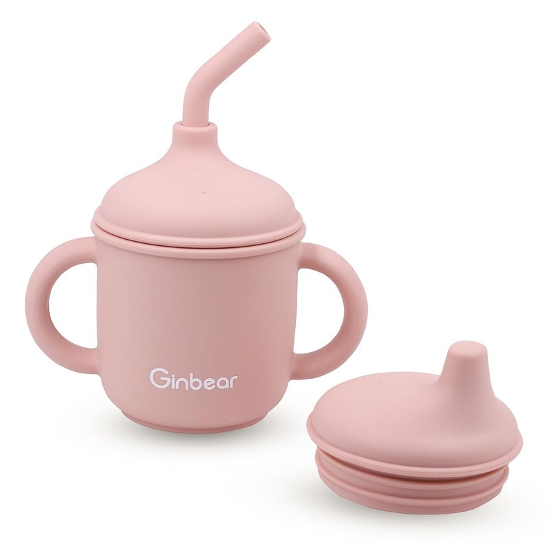 Ginbear 2in1 SipNStraw Baby Cup Spill Proof Nontoxic BPA Free Food Grade Silicone Training Transition Sippy Cup for Toddler 6 Months Pink - Image 1
