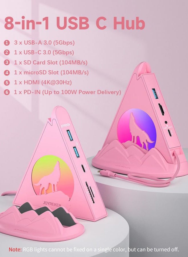 JoyReken USB C Hub, Pink 8-in-1 Type C Multiport Adapter with 4K@30Hz HDMI, 100W PD, 5Gbps 1xUSB-C, 3xUSB-A 3.0, SD/TF Slots ＆ RGB Lighting, Pink USB Hub for MacBook Air/Pro, iPad, iMac, Surface, XPS - Image 2