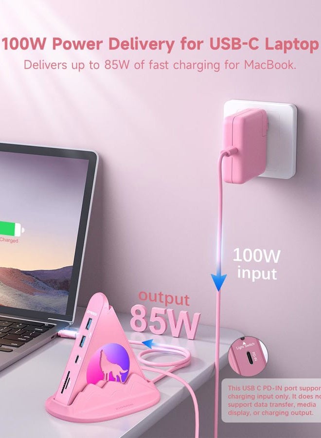 JoyReken USB C Hub, Pink 8-in-1 Type C Multiport Adapter with 4K@30Hz HDMI, 100W PD, 5Gbps 1xUSB-C, 3xUSB-A 3.0, SD/TF Slots ＆ RGB Lighting, Pink USB Hub for MacBook Air/Pro, iPad, iMac, Surface, XPS - Image 4