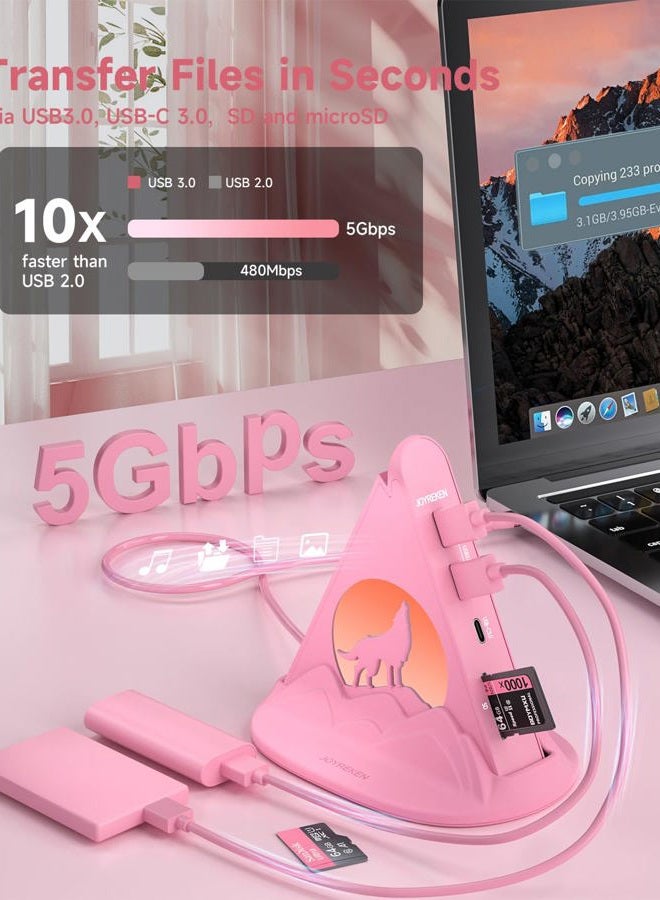 JoyReken USB C Hub, Pink 8-in-1 Type C Multiport Adapter with 4K@30Hz HDMI, 100W PD, 5Gbps 1xUSB-C, 3xUSB-A 3.0, SD/TF Slots ＆ RGB Lighting, Pink USB Hub for MacBook Air/Pro, iPad, iMac, Surface, XPS - Image 5