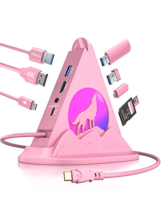 JoyReken USB C Hub, Pink 8-in-1 Type C Multiport Adapter with 4K@30Hz HDMI, 100W PD, 5Gbps 1xUSB-C, 3xUSB-A 3.0, SD/TF Slots ＆ RGB Lighting, Pink USB Hub for MacBook Air/Pro, iPad, iMac, Surface, XPS - Image 1