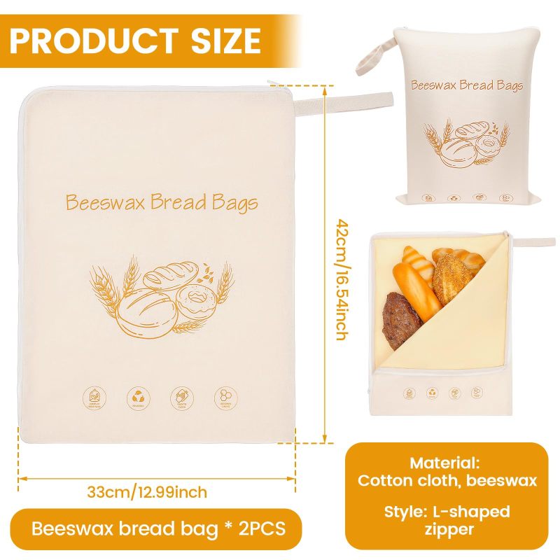 Reusable Bread Bags: Beige Cotton Material - Eco-Friendly Beeswax Bread Bags for Homemade Bread & Kitchen Food Storage - Image 2