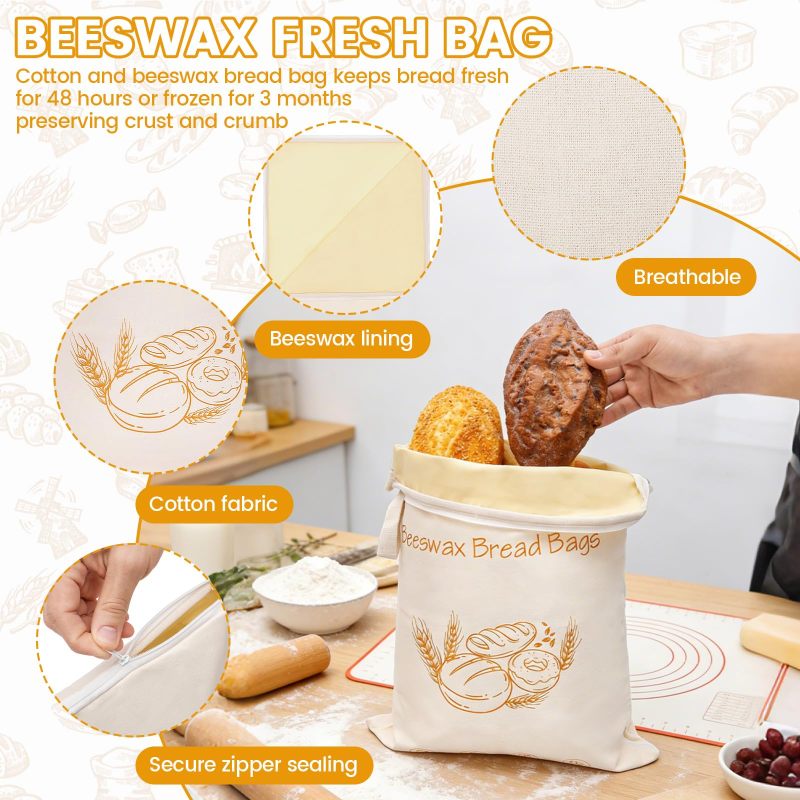 Reusable Bread Bags: Beige Cotton Material - Eco-Friendly Beeswax Bread Bags for Homemade Bread & Kitchen Food Storage - Image 4