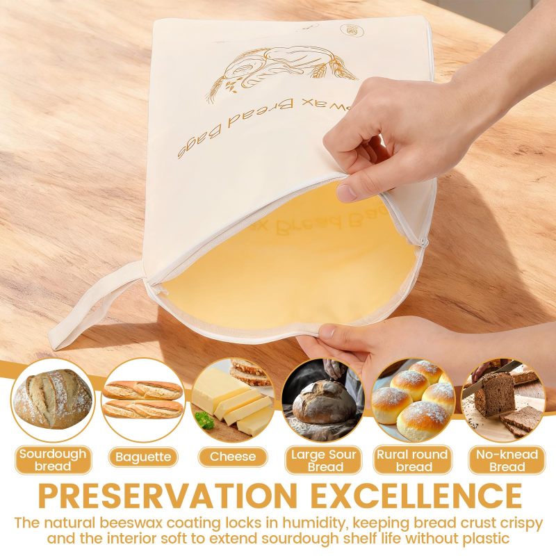 Reusable Bread Bags: Beige Cotton Material - Eco-Friendly Beeswax Bread Bags for Homemade Bread & Kitchen Food Storage - Image 3