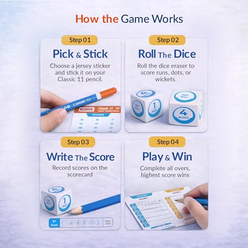 Kores Classic 11 Cricket Theme Pencil Set for Kids | Pack of 10| 11 HB Pencils with Stickers, Dice & Scorecard | Fun School Stationery & Gift for Cricket Lovers | Return Gift Under ₹100 - Image 4