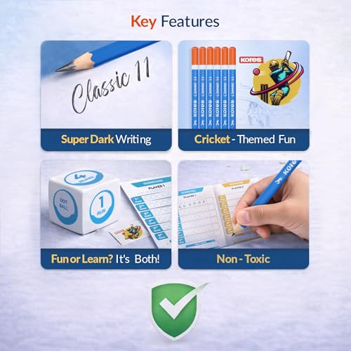 Kores Classic 11 Cricket Theme Pencil Set for Kids | Pack of 10| 11 HB Pencils with Stickers, Dice & Scorecard | Fun School Stationery & Gift for Cricket Lovers | Return Gift Under ₹100 - Image 5
