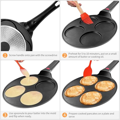 CAINFY Pancake Pan Nonstick-Suitable for All Stovetops & Induction Cooker, 10.5 Inch Mini Silver Dollar Grill Blini Griddle Crepe Pan, 4 Molds Cake Egg Skillet, 100% PFOA Free Coating - Image 3
