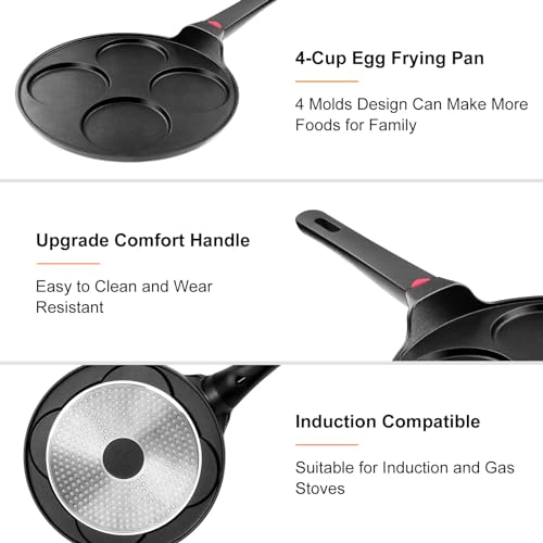 CAINFY Pancake Pan Nonstick-Suitable for All Stovetops & Induction Cooker, 10.5 Inch Mini Silver Dollar Grill Blini Griddle Crepe Pan, 4 Molds Cake Egg Skillet, 100% PFOA Free Coating - Image 4
