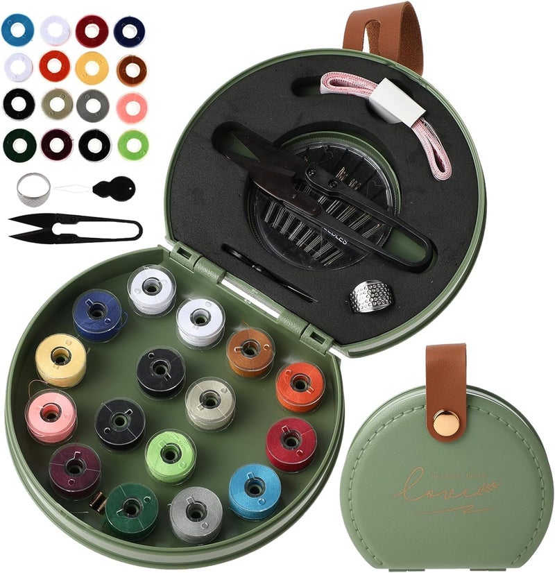 Swarush 22 Pcs Mini Travel Sewing Kits Portable Luxury Sewing Repair Set with Foldable Leather Organizer Case Beginner Friendly DIY Hand Sewing Supplies with Thread Scissor Needle Button Pins Ideal for Home Travel