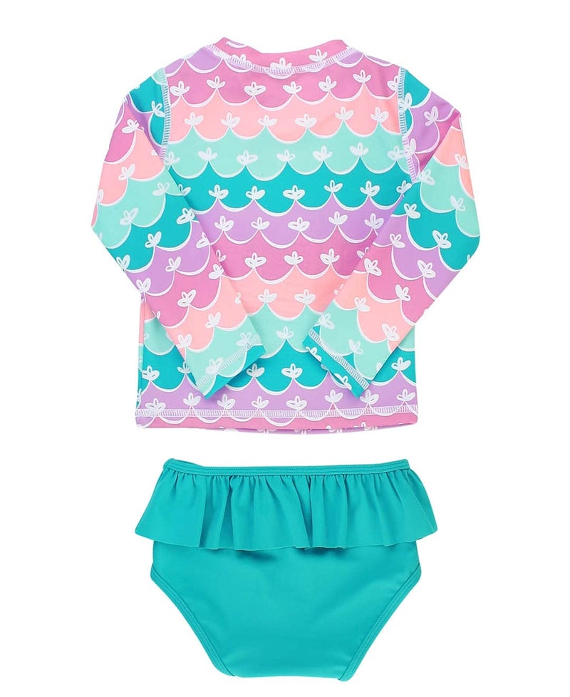 RuffleButts Baby/Toddler girls Mermaid Long Sleeve Rash Guard Ruffle Bikini - 3-6m - Image 3