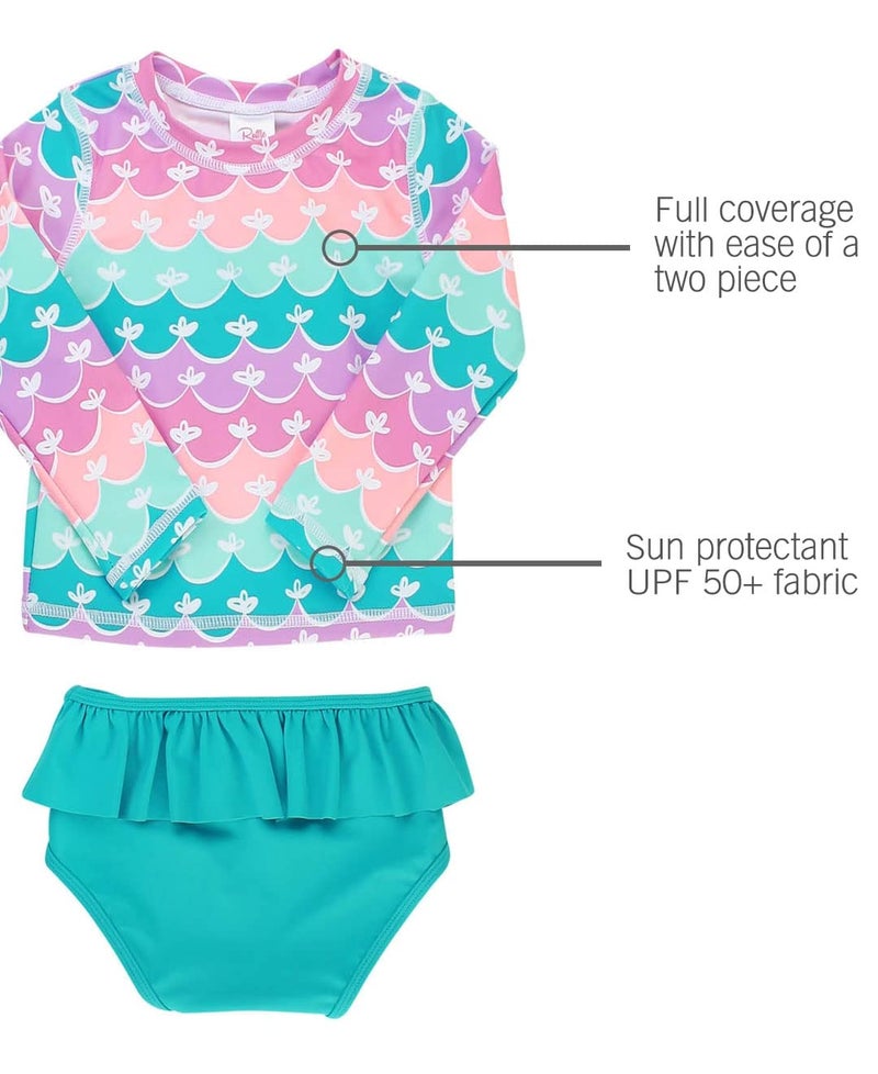 RuffleButts Baby/Toddler girls Mermaid Long Sleeve Rash Guard Ruffle Bikini - 3-6m - Image 2