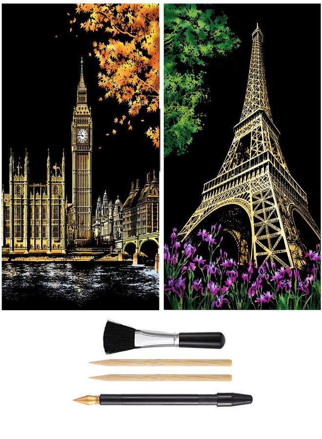 MIASTAR Scratch Painting Kits for Adults & Kids, Craft Art Set, Rainbow Scratch Art Painting Paper, Sketch DIY Night View Scratchboard, 16'' x 11.2'' Creative Gift with 6 Tools kit (Eiffel Tower / Big Ben) - Image 1