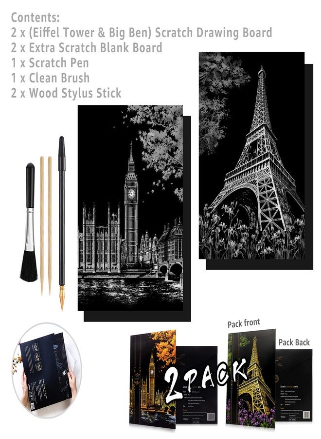 MIASTAR Scratch Painting Kits for Adults & Kids, Craft Art Set, Rainbow Scratch Art Painting Paper, Sketch DIY Night View Scratchboard, 16'' x 11.2'' Creative Gift with 6 Tools kit (Eiffel Tower / Big Ben) - Image 2