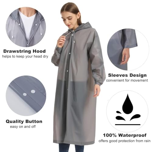 Opret 2 Pack Portable EVA Raincoats for Adults, Reusable Rain Ponchos with Hoods and Sleeves Lightweight Raincoats, Perfect for Outdoor Activities, Grey - Image 3