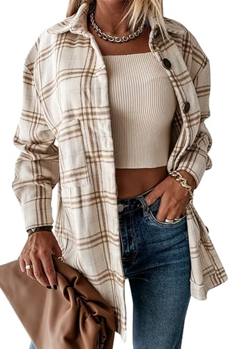 YOCUR Teen Girls Flannel Shirts Heavy Jackets Fashion Women's Plaid Blouses Fall Shirts Cardigan Fuzzy Fleece Outwear Apricot XL - Image 5