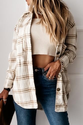 YOCUR Teen Girls Flannel Shirts Heavy Jackets Fashion Women's Plaid Blouses Fall Shirts Cardigan Fuzzy Fleece Outwear Apricot XL - Image 2