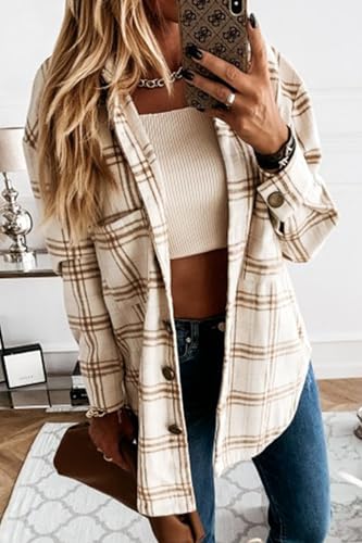 YOCUR Teen Girls Flannel Shirts Heavy Jackets Fashion Women's Plaid Blouses Fall Shirts Cardigan Fuzzy Fleece Outwear Apricot XL - Image 3