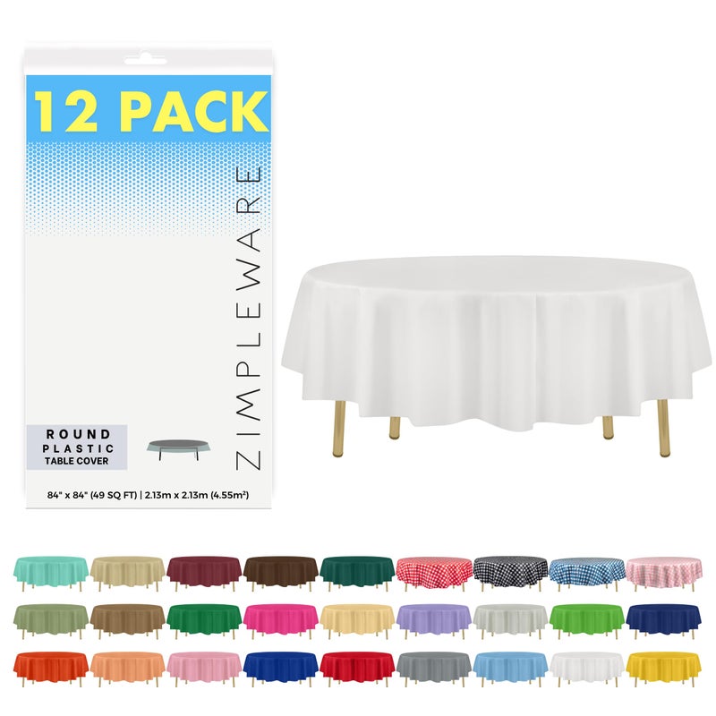 ZIMPLEWARE Premium White Plastic Table Cloth Disposable 12 Pack Round Tablecloth 84in Party Table Cloths Disposable Perfect Table Cloth Round Cover for Any Table Up to 6 Feet