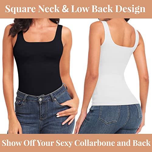 EUYZOU Women's 2PK Tummy Control Shapewear Tank Tops Seamless Square Neck Compression Tops Slimming Body Shaper Camisole-Black/White M - Image 5