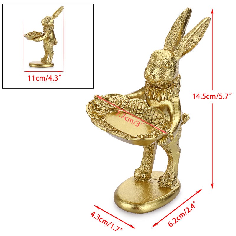 ELLDOO Small Golden Bunny Figurine Jewelry Ring Tray Decorative Serving Rabbit Statue Ornament Animal Sculpture Home Arts Desktop Accessories Table Decor, Standing Bunny - Image 2