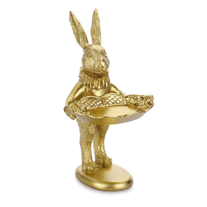 ELLDOO Small Golden Bunny Figurine Jewelry Ring Tray Decorative Serving Rabbit Statue Ornament Animal Sculpture Home Arts Desktop Accessories Table Decor, Standing Bunny - Image 1