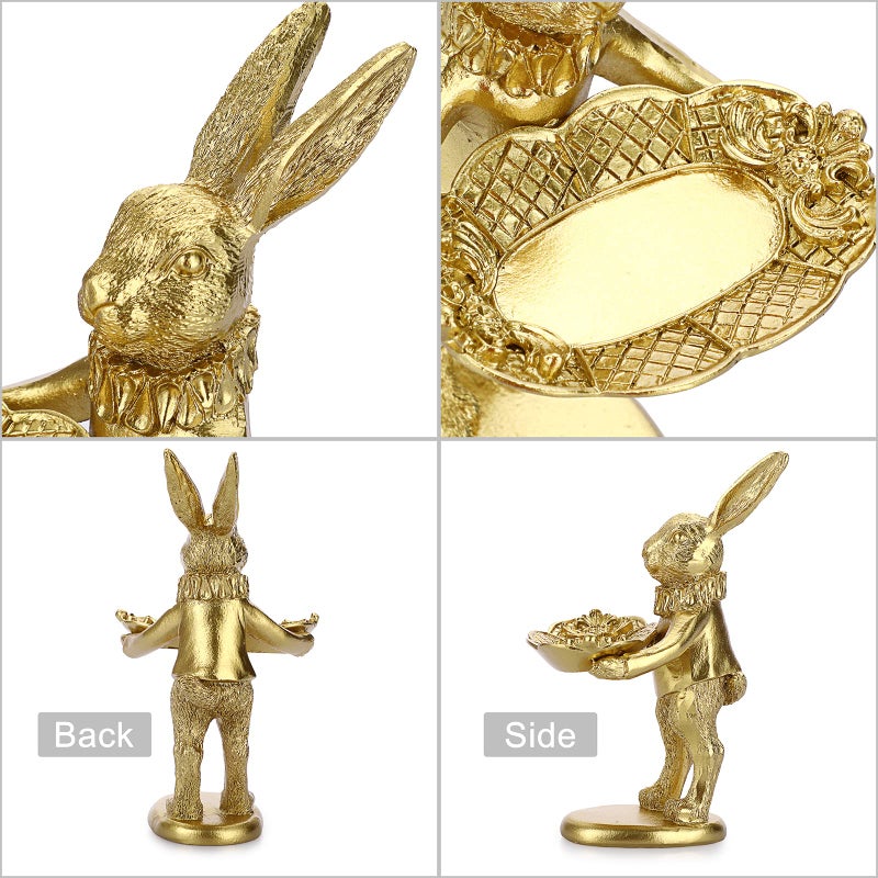 ELLDOO Small Golden Bunny Figurine Jewelry Ring Tray Decorative Serving Rabbit Statue Ornament Animal Sculpture Home Arts Desktop Accessories Table Decor, Standing Bunny - Image 3