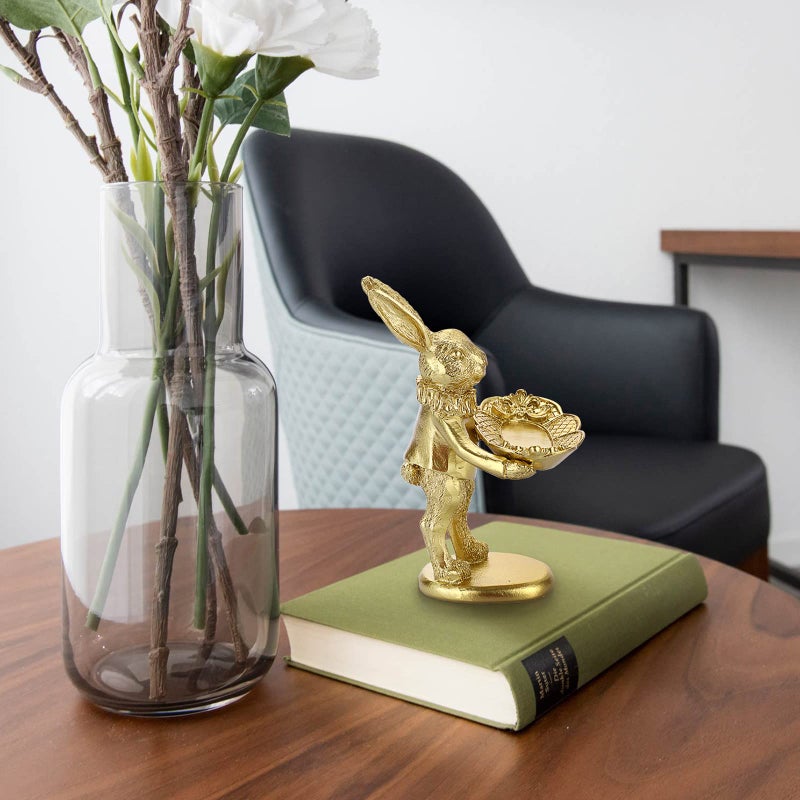 ELLDOO Small Golden Bunny Figurine Jewelry Ring Tray Decorative Serving Rabbit Statue Ornament Animal Sculpture Home Arts Desktop Accessories Table Decor, Standing Bunny - Image 5