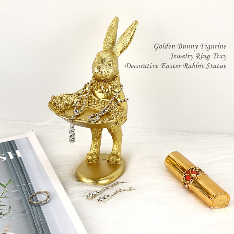 ELLDOO Small Golden Bunny Figurine Jewelry Ring Tray Decorative Serving Rabbit Statue Ornament Animal Sculpture Home Arts Desktop Accessories Table Decor, Standing Bunny - Image 4