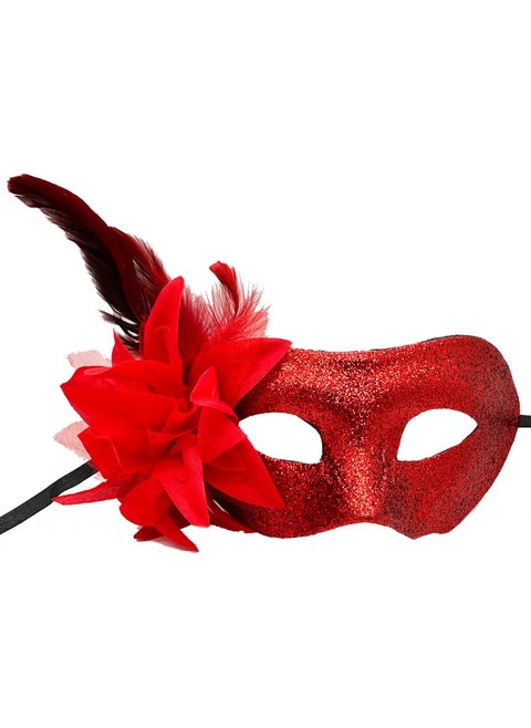 Red Color Metallized Glitter Look Shiny Feather Party Mask 22X19 cm